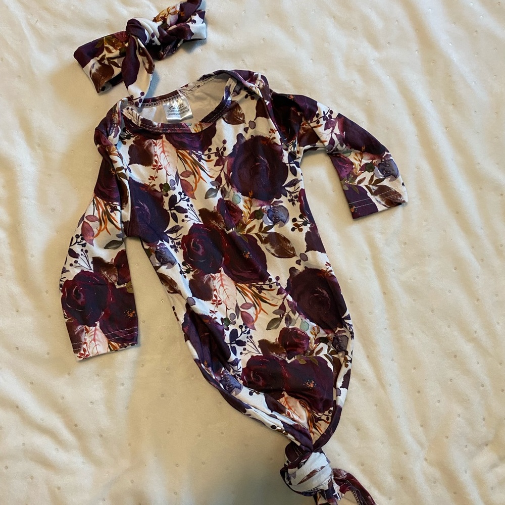 Boutique sleeper gown with headband 0-6 mo
